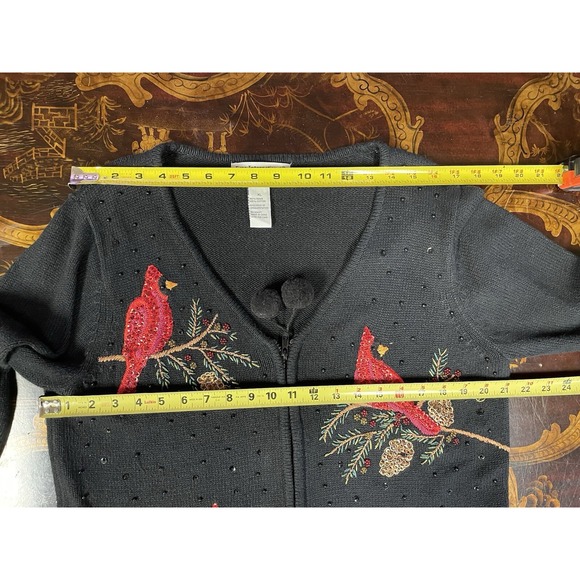 VTG Tiara International Christmas Gay Cardinal Zip Cardigan Black Red Sequin XL - Picture 7 of 12